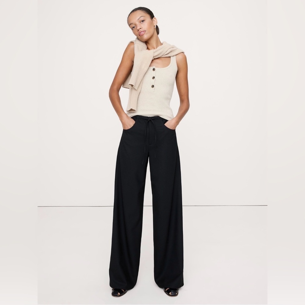 NWT Banana Republic The Studio Wide Leg Drawstring Black Flannel Sz XXS